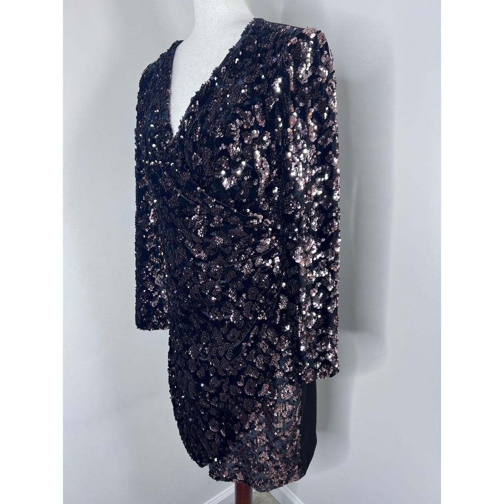 Julia Jordan Sequin Velvet Faux Wrap Dress Black Bronze Metallic Size 10 - Picture 3 of 10